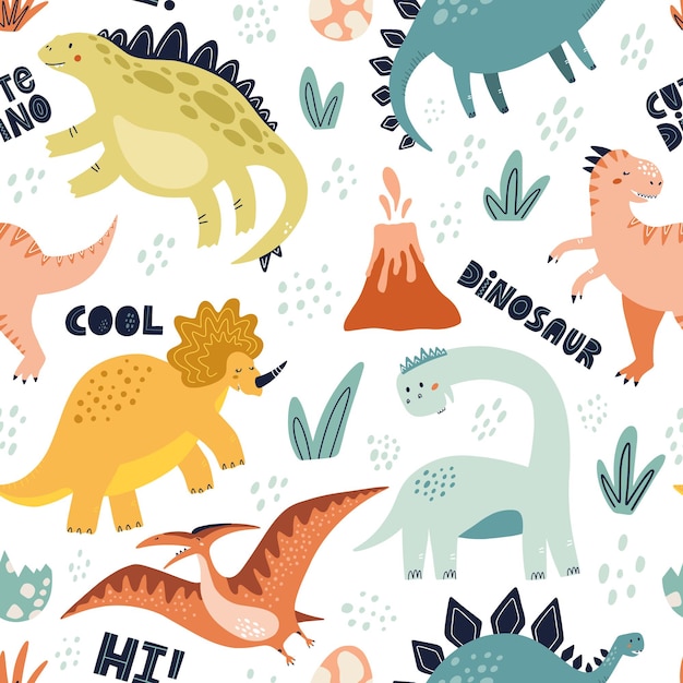 Cute dinosaur seamless pattern with lettering hand drawn vector illustration for textile