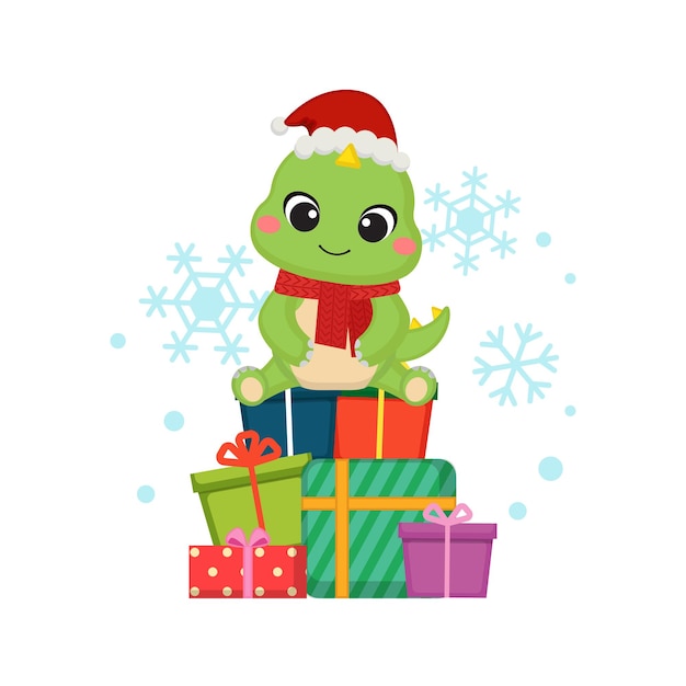 かわいい恐竜はクリスマスプレゼントの上に座っています