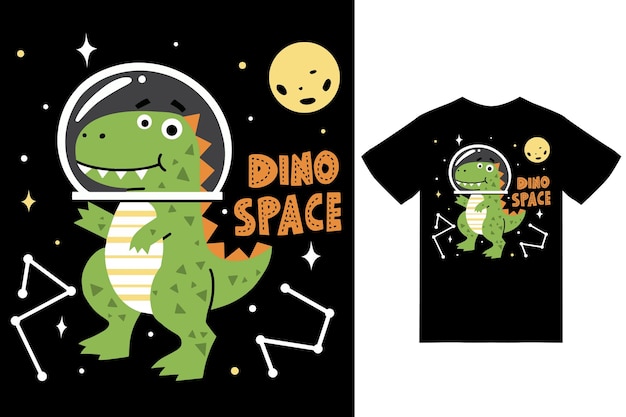 Милый динозавр в космосе иллюстрация с дизайном футболки премиум вектор