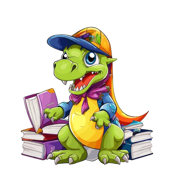 A cute dinosaur wearing a graduation hat and a lot of books illustration