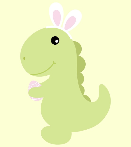 Simpatico dinosauro con orecchie da coniglio che tengono l'uovo di pasqua buona pasqua dinosauro divertente e sorridente