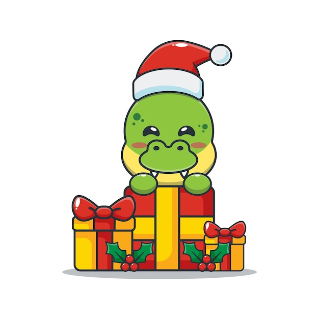 Cute dinosaur with christmas gift Cute christmas cartoon illustration