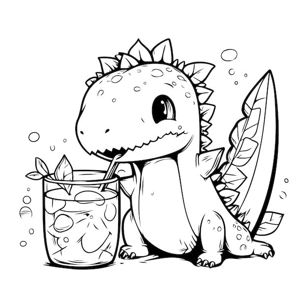 Vector cute dinosaur with a glass of lemonade vector illustration