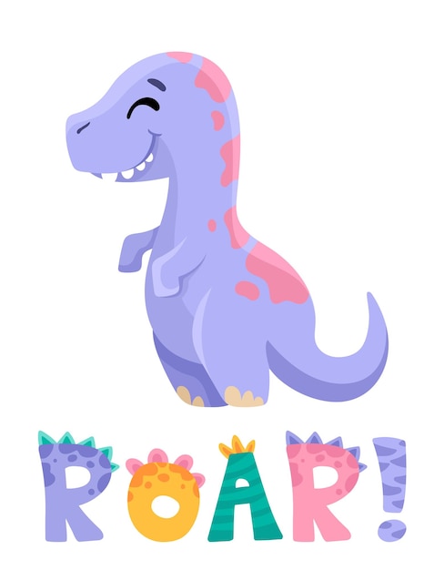 Vettore simpatico dinosauro con scritta ruggito per biglietti di auguri di compleanno baby shower invito poster vivaio