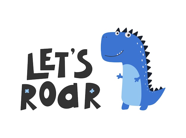 Simpatico dinosauro con grafica slogan - ruggito, divertenti cartoni animati di dino.