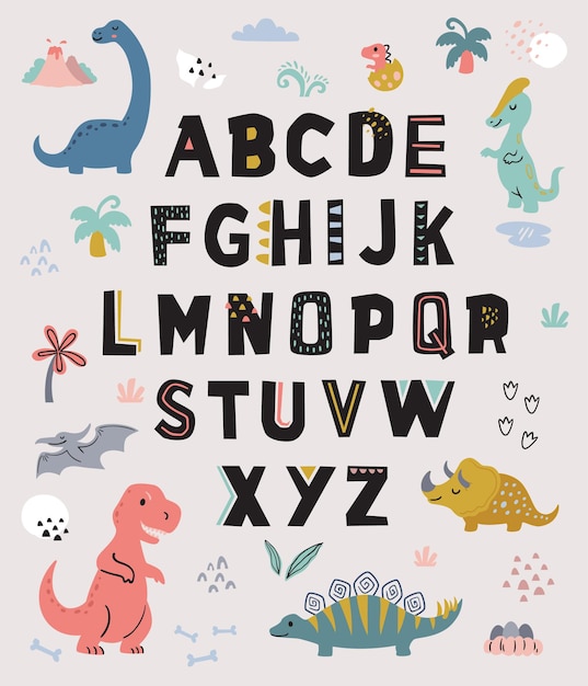パステルカラーの子供のためのかわいい恐竜のアルファベットのポスター