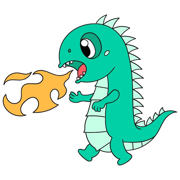 Cute dinosaurs are spitting out hot flames, character cute doodle draw. vector illustration