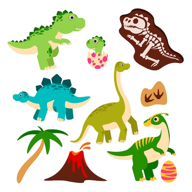 Cute dinosaurs cartoon dino baby dragon in egg prehistoric monster skeleton palm tree volcano