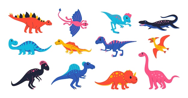 Cute dinosaurs Doodle colourful prehistoric reptiles for kid illustration ancient Jurassic predators and herbivores Vector funny dinosaurs set illustrations collection monster dinosaur