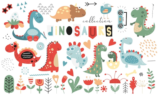 Cute dinosaurs and floral collection leaves flowers plants Hand drawn