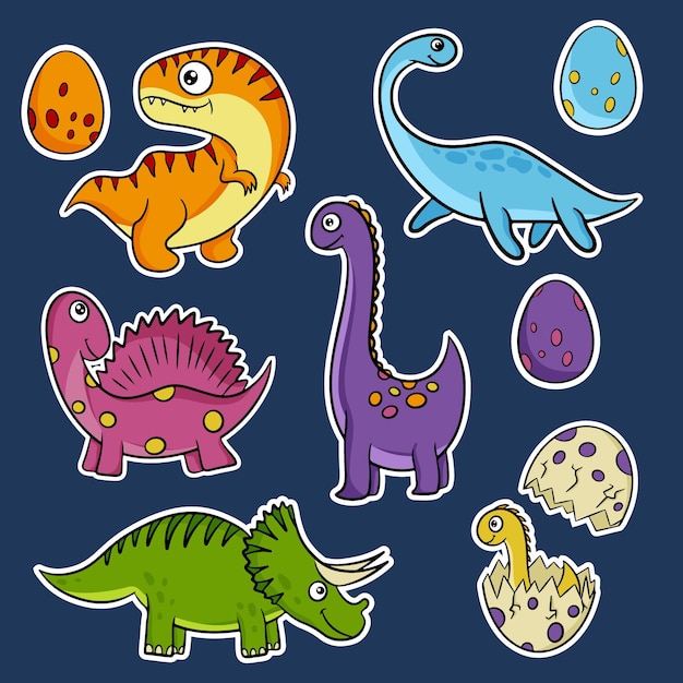 Simpatici dinosauri disegnati a mano adesivi vettoriali in stile cartone animato. dino clipart piatte. illustrazione vettoriale.