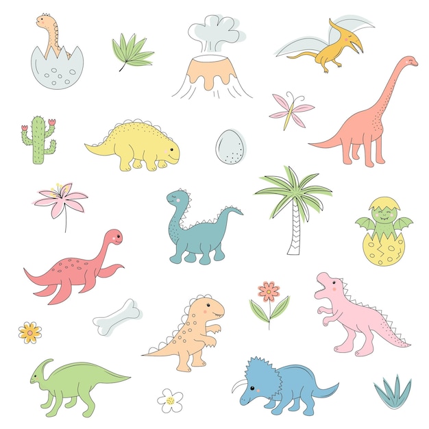 Cute dinosaurs and and prehistoric elements set in doodle style