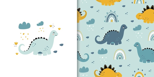 Cute dinosaurs and rainbows on green background Cartoon card and seamless pattern set