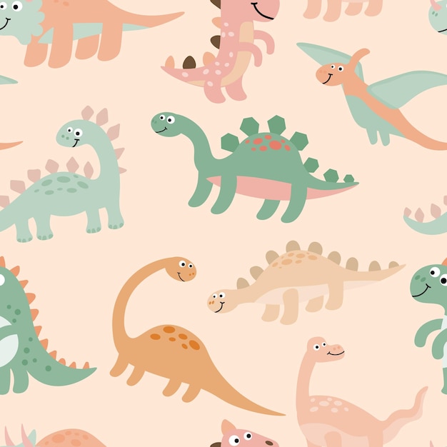 평평한 아이 같은 스타일의 귀여운 공룡은 매끄러운 패턴입니다. 선사 시대 세계 배경입니다.