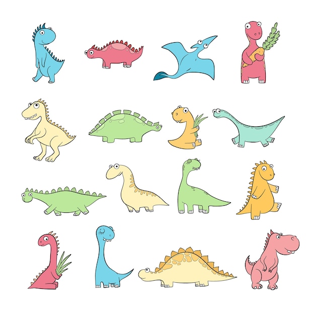 귀여운 공룡들. 재미있는 야생 고대 파충류 익룡 디플로도쿠스 벡터 낙서 문자 집합입니다. 공룡 캐릭터, 공룡 트리케라톱스와 선사 시대 스테고사우르스 삽화