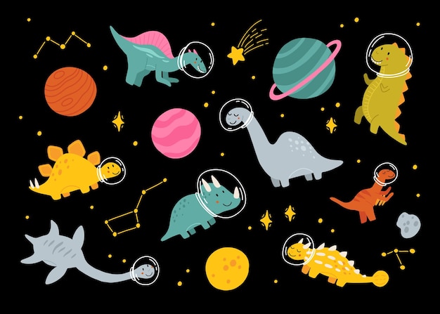 Cute dinosaurs in space hand drawn vector color characters set Sketch dino astronauts planets stars Jurassic reptiles doodle drawing Isolated scandinavian cartoon kids book textile illustration