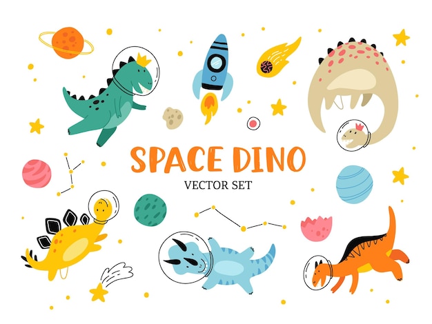 Cute dinosaurs in space hand drawn vector color characters set Sketch dino astronauts planets stars Jurassic reptiles doodle drawing Isolated scandinavian cartoon kids book textile illustration