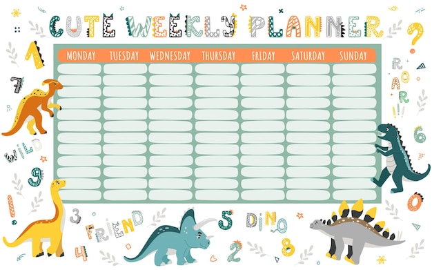 Cute dinosaurs stationery planner for week and daily organizer for kids vector colorful illustration