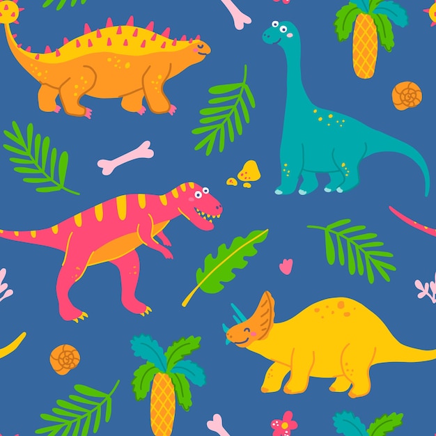 Cute dinosaurs and tropical plants children's colorful print for postcards Vector seamless pattern