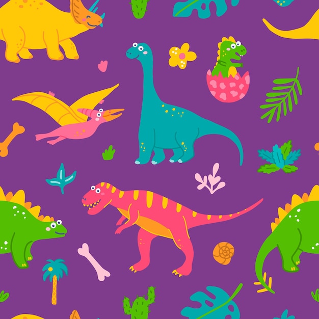 Cute dinosaurs and tropical plants childrens colorful print for fabric vector seamless pattern