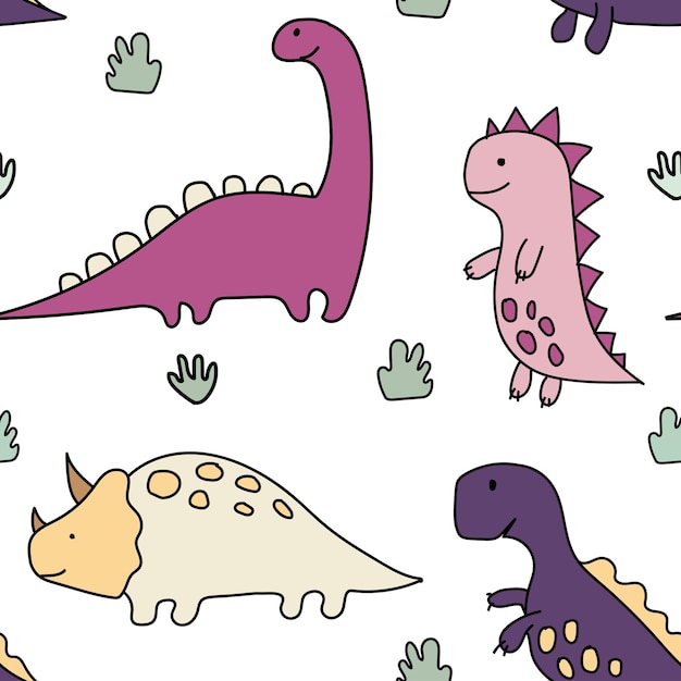 Vector cute dinosaurs tropical plantsfunny cartoon dinosaurs seamless pattern