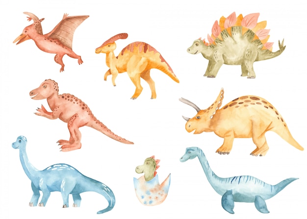 Vector cute dinosaurs in watercolor style