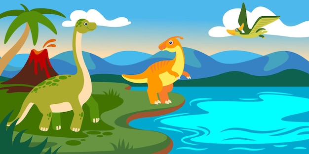 Vector cute dinosaurs with landscape cartoon dino prehistoric scene with lake volcano mountain palm tree