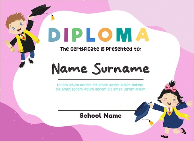 Cute diploma certificate template for preschool kindergarten or primary school student