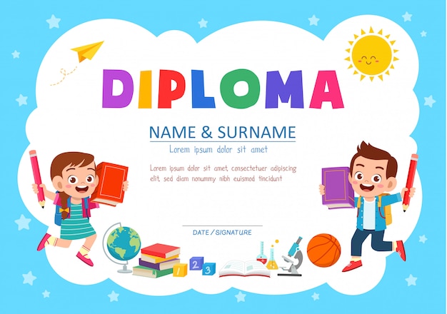 Vector cute diploma certificate template for school student