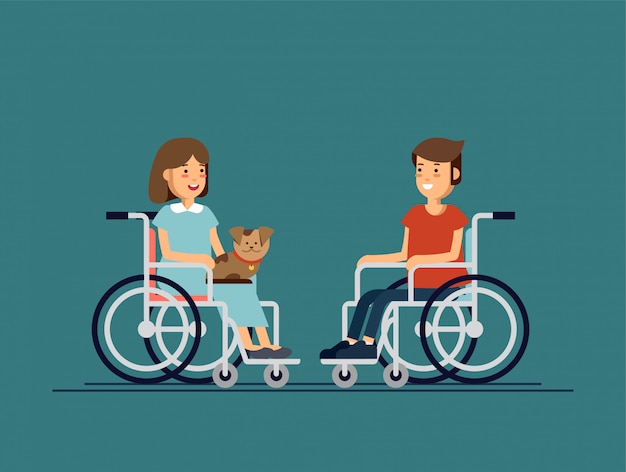 Cute disabled boy and girl kid sitting in a wheelchair and keep the puppy on one's knees. handicapped person.