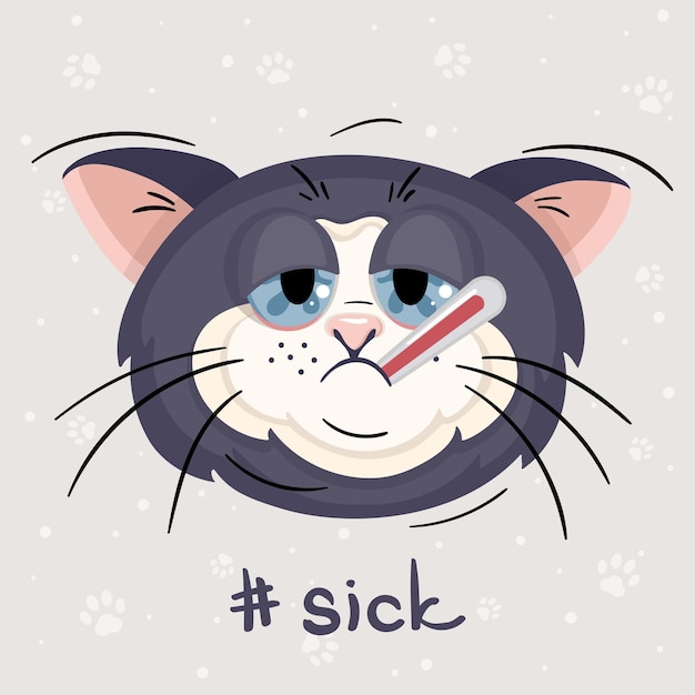 Cute diseased cat with the thermometer in his mouth. Cartoon character in vector illustration.