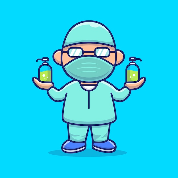 Cute disinfectant man icon illustration. corona mascot cartoon character. person icon concept isolated