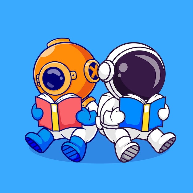 Carino subacqueo e astronauta che leggono libri cartoni animati icona vettoriale illustrazione istruzione scientifica isolata