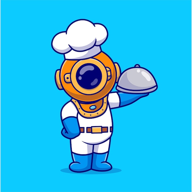 Vector cute diver chef holding food cartoon vector icon illustration science food icon concept isolated