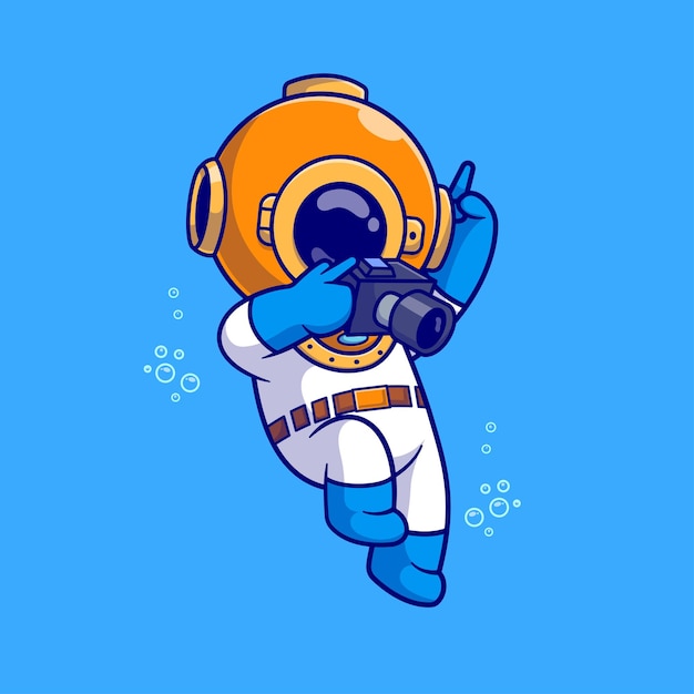 Vector cute diver holding camera cartoon vector icon illustration science technology isolated flat vector