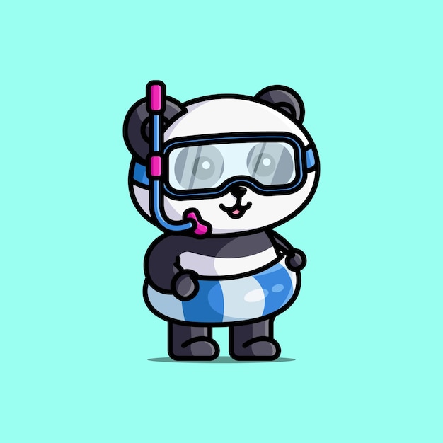 Cute diver panda with swimming goggles and life jacket cartoon illustration animal isolated free