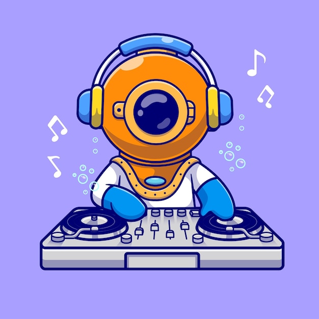 Cute diver playing dj electronic music with headphone cartoon vector icon illustration science music