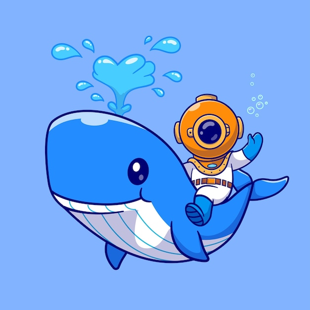 Cute Diver Riding Whale Cartoon Vector Icon Illustration Science Animal Icon Isolated Flat Vector