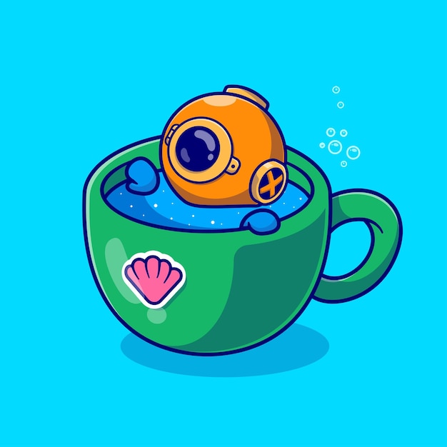 Vector cute diver soaking in cup cartoon vector icon illustration science drink icon isolated flat vector