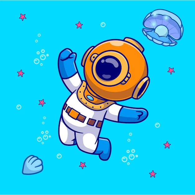 진주 껍질 만화 벡터 아이콘 일러스트와 함께 바다에서 수영하는 귀여운 다이버 과학 동물 아이콘