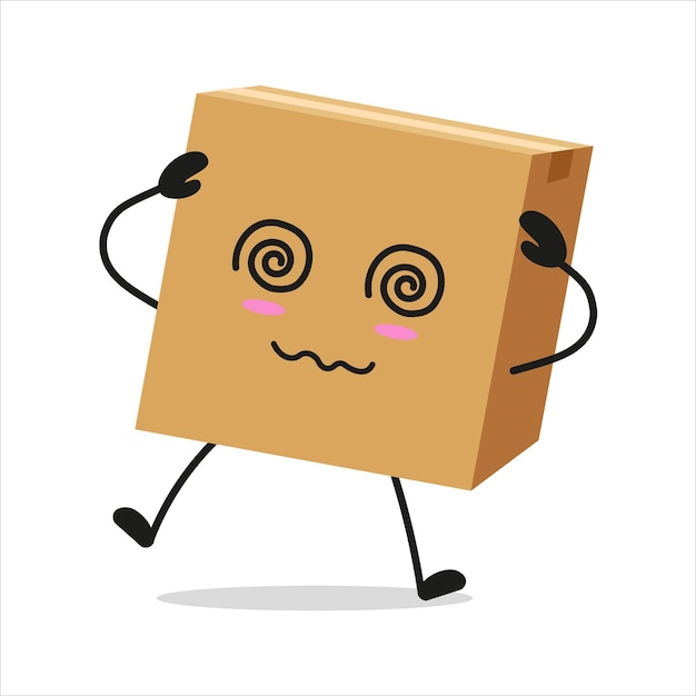 Vector cute dizzy carton box character funny drunk package cartoon emoticon in flat style