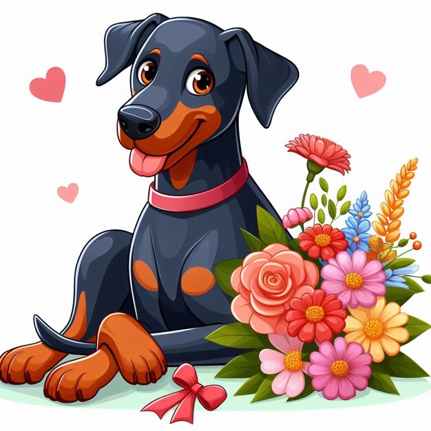 Vettore cutie doberman dogs amp flower vector illustrazione di cartoni animati