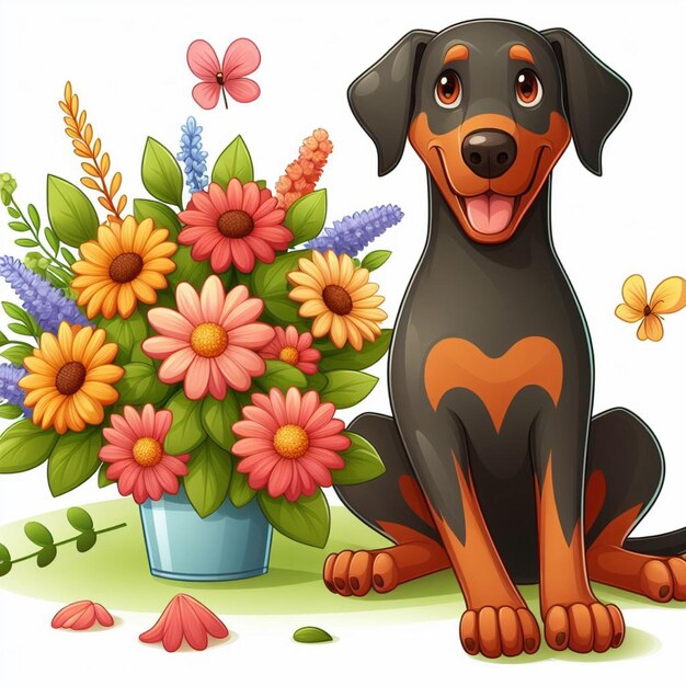 Vector cute doberman dogs amp flower vector cartoon illustration