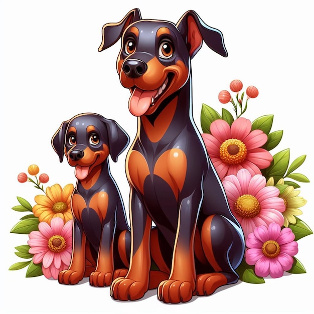 Vector cute doberman dogs amp flower vector cartoon illustration