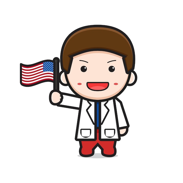 Cute doctor cartoon holding United States of America flag illustration