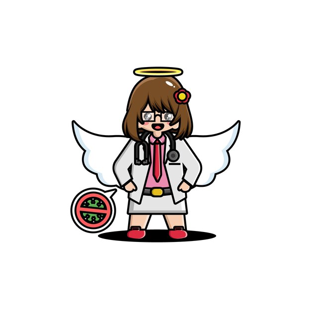 Vector cute doctor is an angel with a stop virus symbol