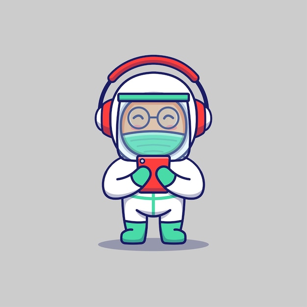 Cute doctor listening music with headphone