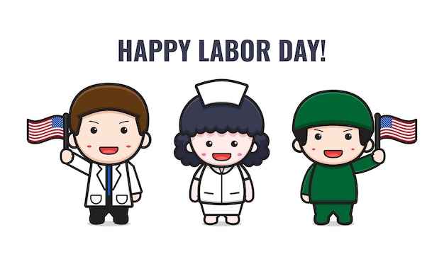 Cute doctor &amp; nurse celebrate labor day cartoon illustration. Design isolated flat cartoon style