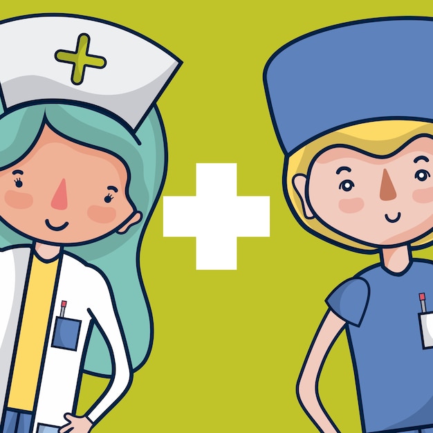 Cute doctor and nurse medical team cartoon