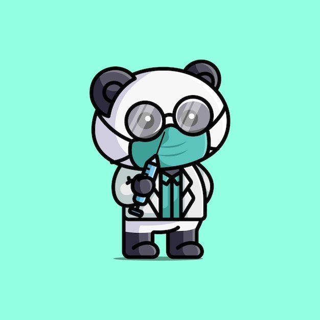 Милый доктор панда со шприцем в маске мультфильм бесплатные иллюстрации вектор животной природы